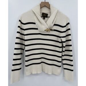Ralph Lauren Sweater Womens XL Beige Black Striped Knit Shawl Collar Gold Toggle